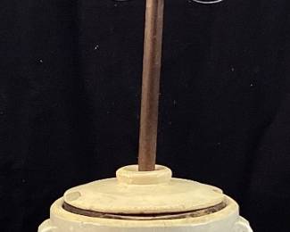 VTG. ROBINSON RANSBOTTOM POTTERY COMPANY 5 GALLON STONEWARE BUTTER CHURN CROCK WITH LID. FEATURES BLUE CROWN & #5. CRACKS IN THE FRONT AND BACK OF CROCK. REF PICS.