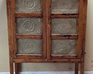 ANTIQUE WOODEN TIN PUNCH PANEL PIE SAFE w CIRCULAR MEDALLION PATTERN, MISSING BOTTOM LEFT PANEL NO SHIPPING PICKUP ONLY