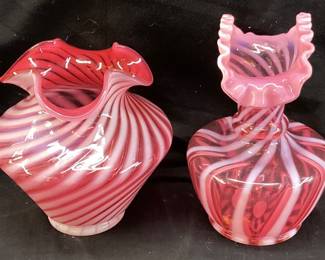 (2) FENTON CRANBERRY WHITE OPALESCENT SWIRL ART GLASS VASES WITH RUFFLED EDGES