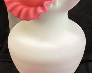 VTG. FENTON PEACH CREST SATIN ART GLASS PITCHER w RUFFLED EDGE & RIBBED OR REEDED DETAIL ON HANDLE, 9in