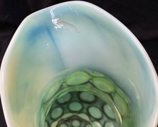 VTG. FENTON URANIUM OPALESCENT COIN DOT PITCHER SMALL SCALLOP CHIP INSIDE OF PITCHERS FLARED SPOUT. REF. PICS. UV REACTIVE URANIUM GLASS GLOWS UNDER BLACKLIGHT, 11in