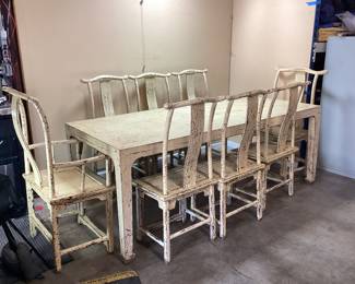 DISTRESSED WHITE PAINT DINING TABLE & CHAIRS FEATURING CHINESE STYLE YOKE BACK CHAIRS AND MATCHING TABLE NO SHIPPING PICKUP ONLY