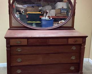 ANTIQUE VICTORIAN STYLE DRESSER w OVAL PIVOTING MIRROR, 6 DRAWER, SMALL TORN WOVEN CANE PANEL ON LEFT SIDE NO SHIPPING PICKUP ONLY