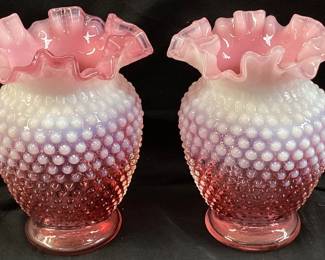 PAIR OF VTG. FENTON CRANBERRY OPALESCENT HOBNAIL RUFFLED GLASS VASES