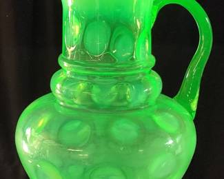 VTG. FENTON URANIUM OPALESCENT COIN DOT PITCHER SMALL SCALLOP CHIP INSIDE OF PITCHERS FLARED SPOUT. REF. PICS. UV REACTIVE URANIUM GLASS GLOWS UNDER BLACKLIGHT, 11in