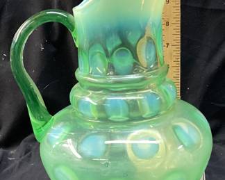 VTG. FENTON URANIUM OPALESCENT COIN DOT PITCHER SMALL SCALLOP CHIP INSIDE OF PITCHERS FLARED SPOUT. REF. PICS. UV REACTIVE URANIUM GLASS GLOWS UNDER BLACKLIGHT, 11in