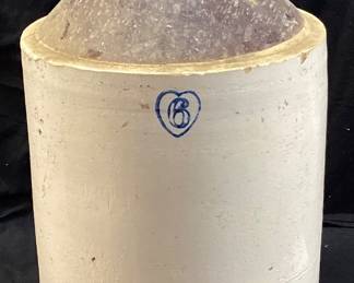 ANTIQUE BURLEY & WINTER POTTERY COMPANY 5 GALLON STONEWARE JUG CROCK, FEATURES BLUE HEART AROUND #5