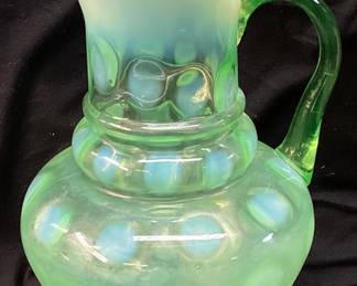 VTG. FENTON URANIUM OPALESCENT COIN DOT PITCHER SMALL SCALLOP CHIP INSIDE OF PITCHERS FLARED SPOUT. REF. PICS. UV REACTIVE URANIUM GLASS GLOWS UNDER BLACKLIGHT, 11in