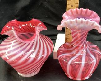 (2) FENTON CRANBERRY WHITE OPALESCENT SWIRL ART GLASS VASES WITH RUFFLED EDGES