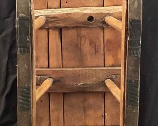 VINTAGE SWISS DAVOS SNOW SLED CRAFTED FROM SLATTED WOOD WITH CURVED RUNNERS AND METAL EDGES ON BOTTOM