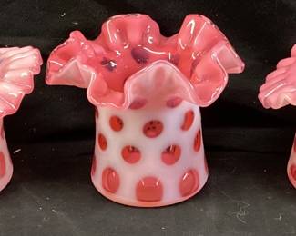 (3) VTG. FENTON CRANBERRY OPALESCENT COIN DOT RUFFLED EDGE TOP HAT VASES