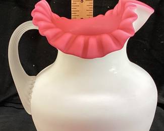 VTG. FENTON PEACH CREST SATIN ART GLASS PITCHER w RUFFLED EDGE & RIBBED OR REEDED DETAIL ON HANDLE, 9in