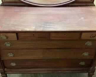 ANTIQUE VICTORIAN STYLE DRESSER w OVAL PIVOTING MIRROR, 6 DRAWER, SMALL TORN WOVEN CANE PANEL ON LEFT SIDE NO SHIPPING PICKUP ONLY