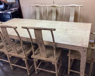 DISTRESSED WHITE PAINT DINING TABLE & CHAIRS FEATURING CHINESE STYLE YOKE BACK CHAIRS AND MATCHING TABLE NO SHIPPING PICKUP ONLY