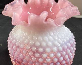 PAIR OF VTG. FENTON CRANBERRY OPALESCENT HOBNAIL RUFFLED GLASS VASES