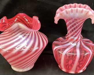 (2) FENTON CRANBERRY WHITE OPALESCENT SWIRL ART GLASS VASES WITH RUFFLED EDGES