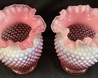 PAIR OF VTG. FENTON CRANBERRY OPALESCENT HOBNAIL RUFFLED GLASS VASES