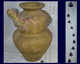 Very Large LIzard Pot and TAll Wind Chimes