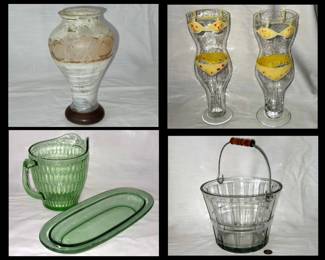 Murano Lavorazione Vase, Bikini Tumblers, Depression Glass and Large Ice Bucket