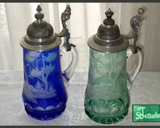 Pair of Etched Glass Tankards Signed