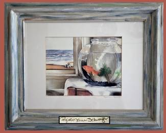 Cute Signed Print, Fish in a Fishbowl Looking out to Sea
