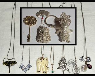 Gold Chain & Pendant with Emerald, Gold Chain w/Gold Embellished Elephant and Sterling Pendants