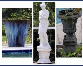 Large Planters and Tall Statue