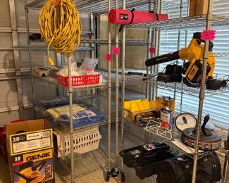 3 large metal rolling shelf units