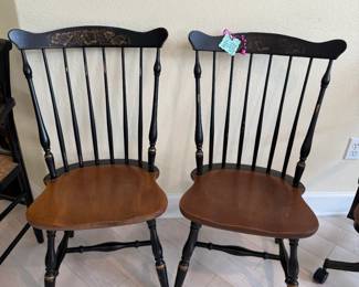 Pair of Signed L. Hitchcock Stenciled Black Spindle Back Chairs
