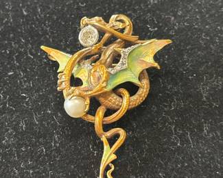 14kt gold dragon brooch w/pearl & 1/2 ct diamond
