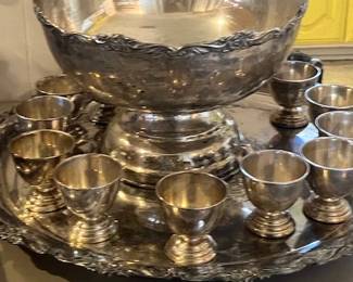 Silverplate punch bowl, cups, underplate