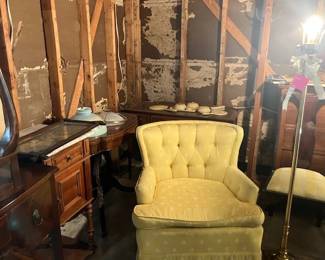 Antique side table, floor lamps, chairs