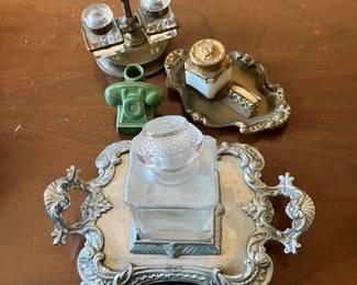 Pen assessories, including ink wells, rests, trays and many pens of all descriptions