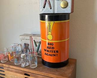 Big Red trash can advertising, pen drawers