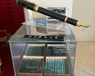 Large figural Waterman pen store display with stand, Le Man 100.  Parker store display case.
