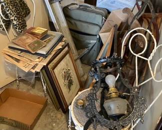 Antique light fixture, ice cream chair, framed prints