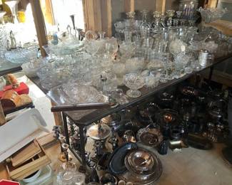 Clear glass cut and pressed glass.  Silverplate pieces