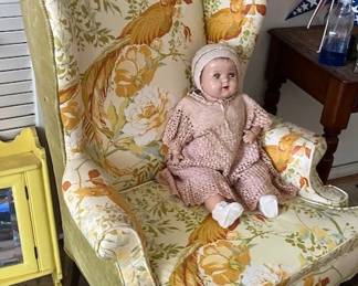 Lovely wing back pair of chairs, antique baby doll