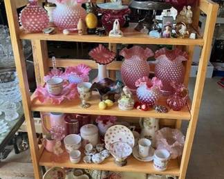 Shelves of cranberry hobnail, Czech cut to clear castor set, misc.