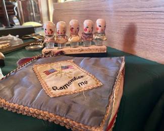 Antique perfumes, WWII hankie holder