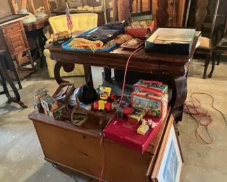 Antique blanket box, credenza, lunch boxes, misc. toys
