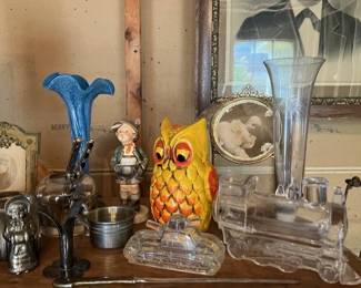 Antique train and tank candy containers.  Hummel figure, '60's owl bank
