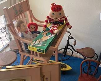 Antique doll seat, high chair, toys