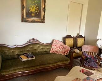Antique sofa, loveseat, child's rocker