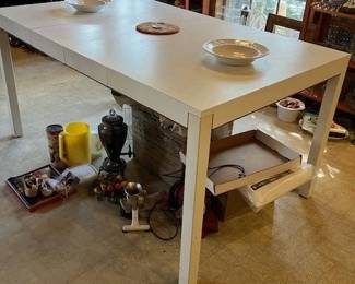 MidCenture campaign style white dining table, 2 leaves, makes a perfect square without them.