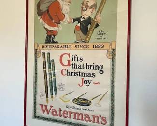 Large framed, original Waterman advertising poster, vintage 1932-1934