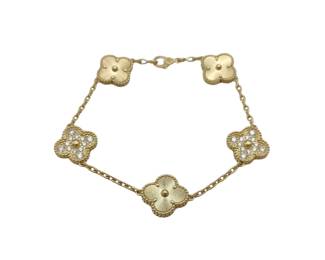 Van Cleef Arpels Vintage Alhambra Guilloche Diamond 18K Yellow Gold 5 Motif Bracelet