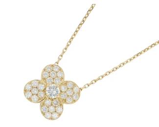 Van Cleef Arpels Diamond Floral 18K Yellow Gold Vintage Pendant Necklace