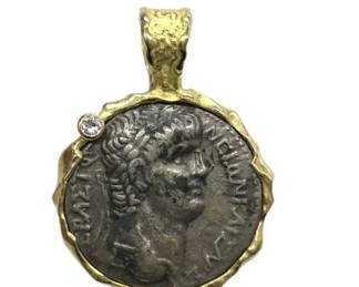 Ancient Roman Greek Style Coin Pendant with Diamond, 18K Gold and Sterling Silver Pendant