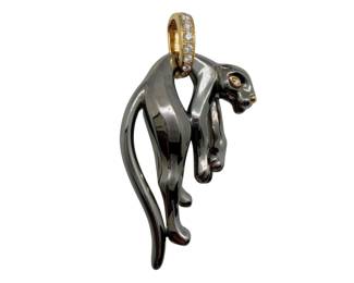 Vintage Cartier Panthere Diamond Black Silverium, Silver 18K Gold Pendant